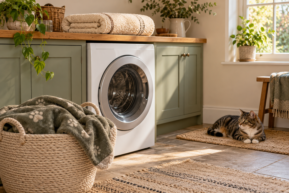 A basket of pet blankets beside a closed washing machine, with clean folded throws and a tabby cat resting on a separate rug