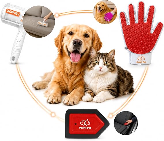 Ozark Pet three-piece red kit with white furniture hair remover, red glove and red detail tool