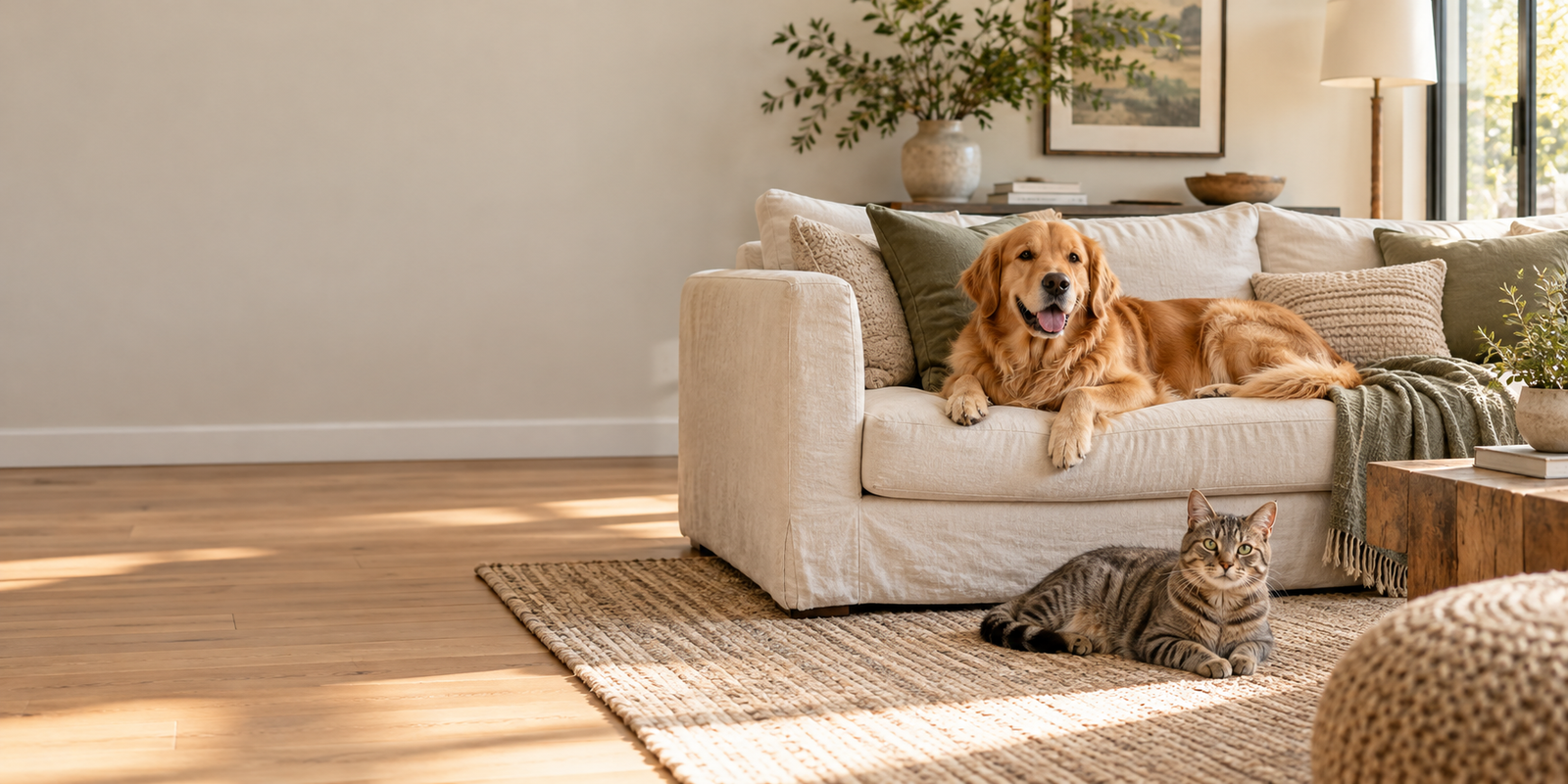 Golden retriever on a linen sofa beside a tabby cat in a sunlit living room