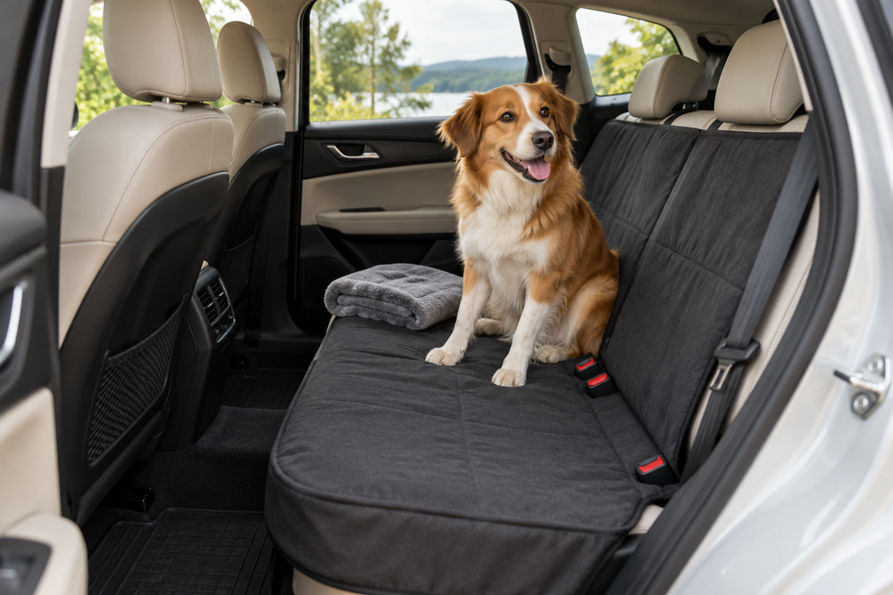 Dog sitting on a plain rear-seat cover in a parked car with the rear door open