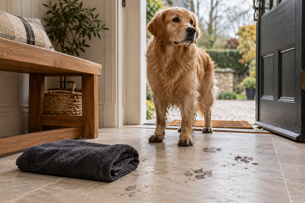 Dog beside a towel at an entrance, AI lifestyle illustration