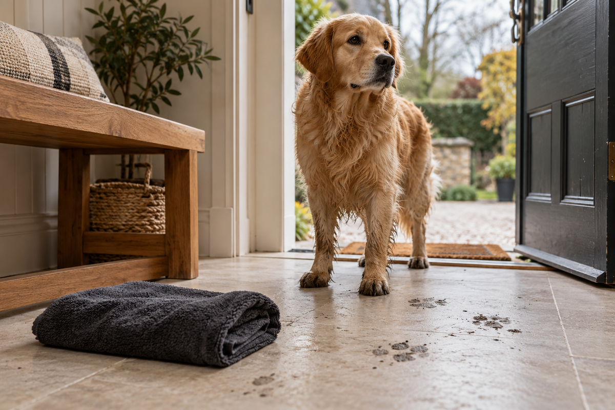 Dog beside a towel at an entrance, AI lifestyle illustration