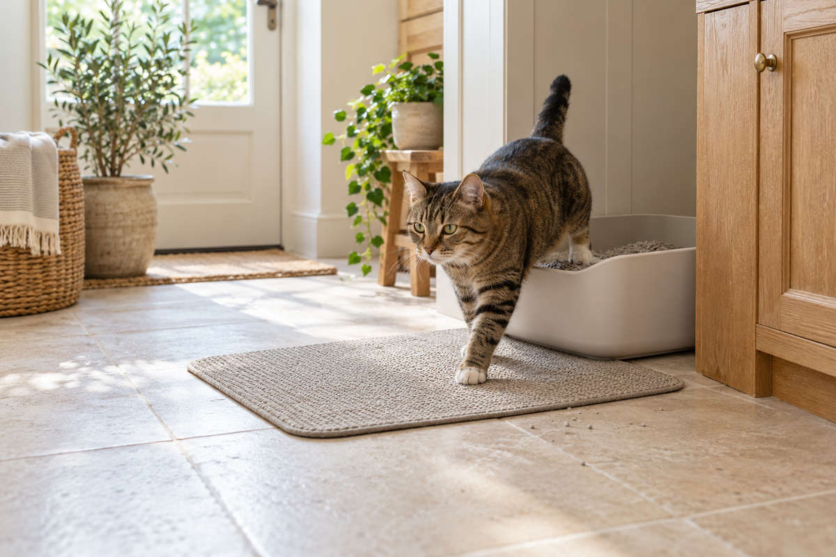 Tabby cat stepping from an open litter tray onto a neutral mat