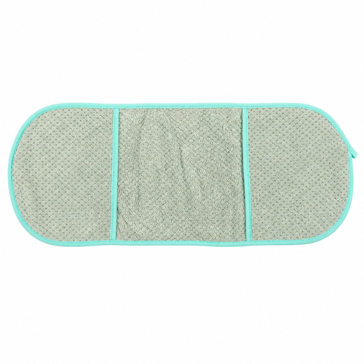 Pale green pet drying towel with mint edging, rounded ends and two hand pockets on a white background