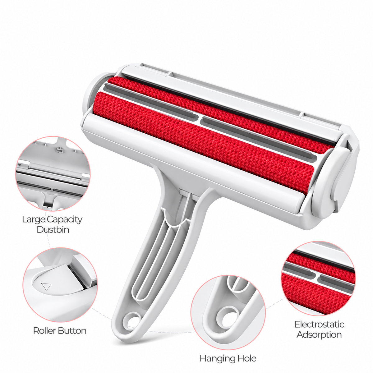 White and grey reusable pet hair roller with red fabric and supplier detail views of its compartment, button and hanging hole