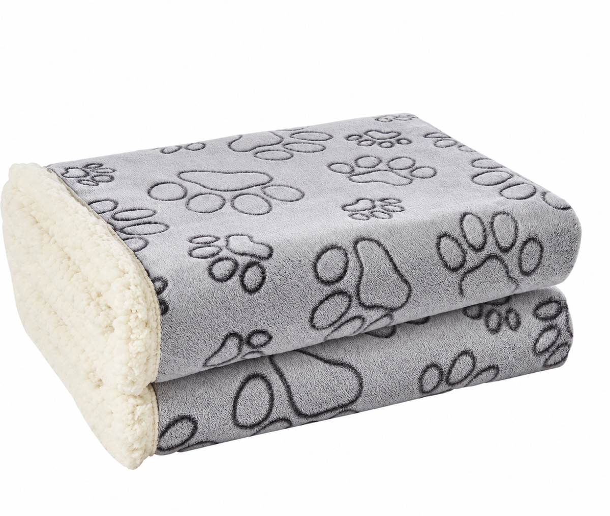 Folded grey paw-print pet throw showing its cream fleece reverse