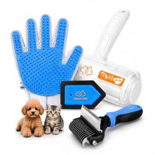 Ozark Pet blue four-piece kit with grooming brush, furniture hair remover, glove and detail tool